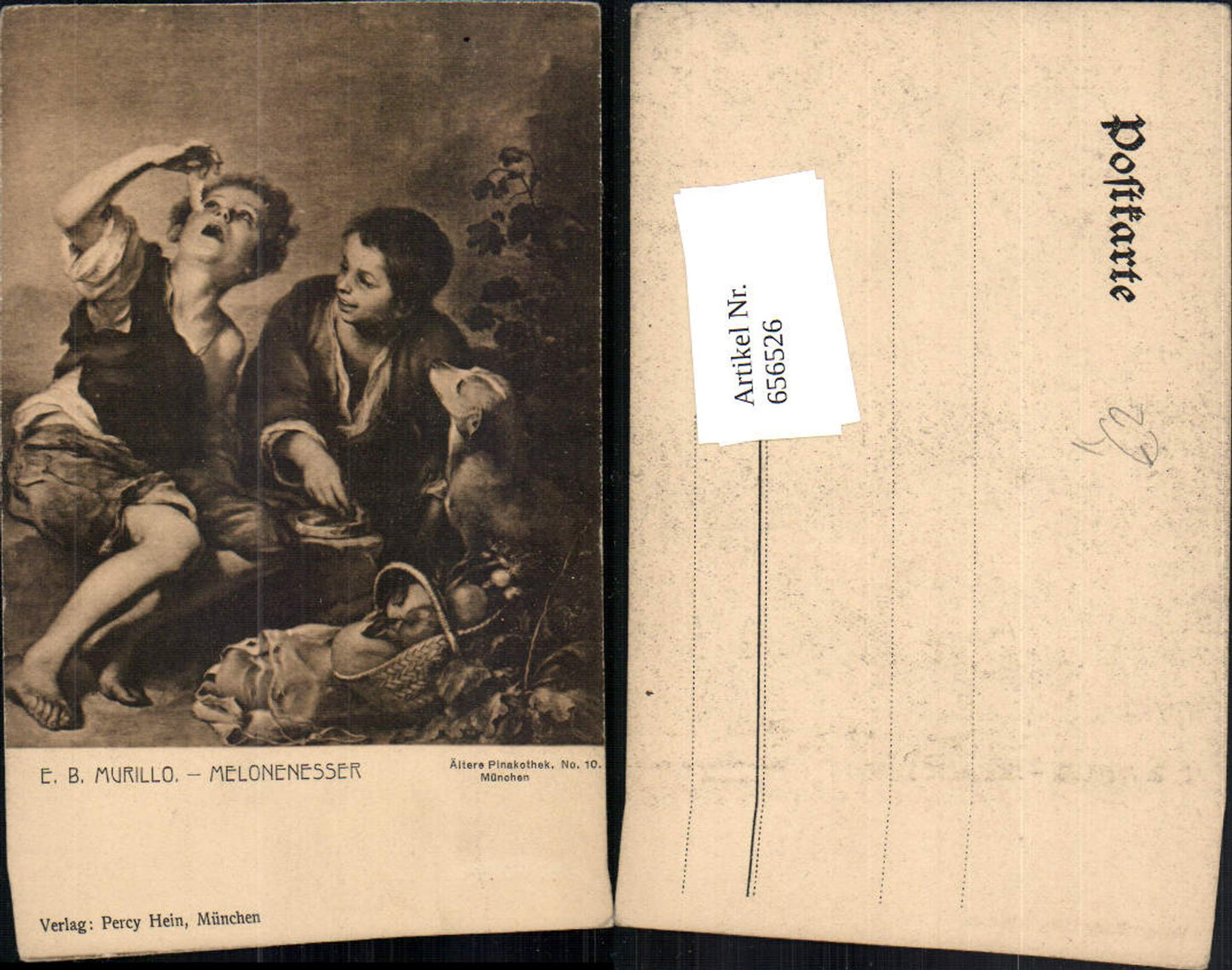 656526,Künstler Ak E. B. Murillo Melonenesser Kinder Buben mit Hund Korb Früchte