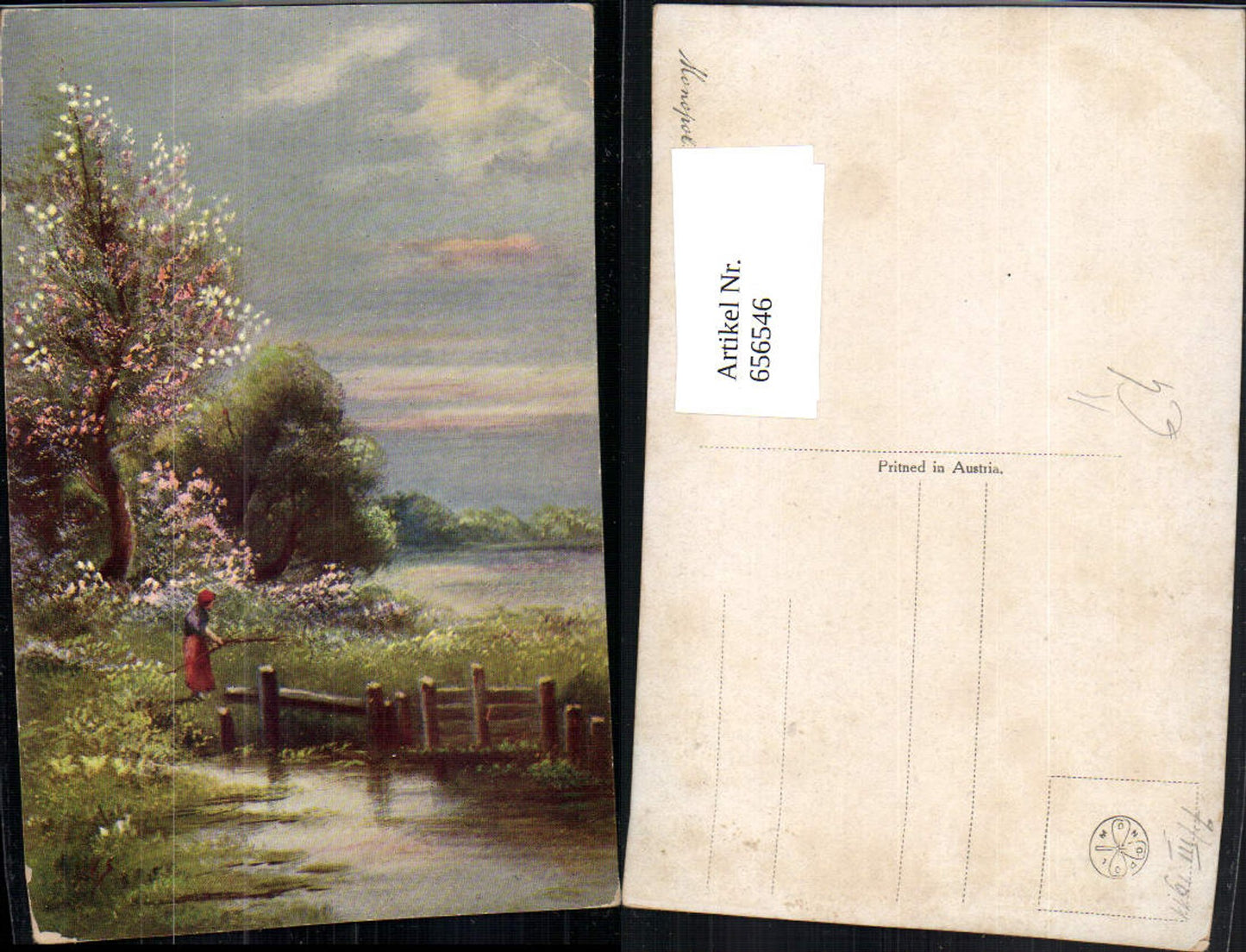 656546,Künstler Ak Frau Holzsammeln Ufer Baum Landschaft