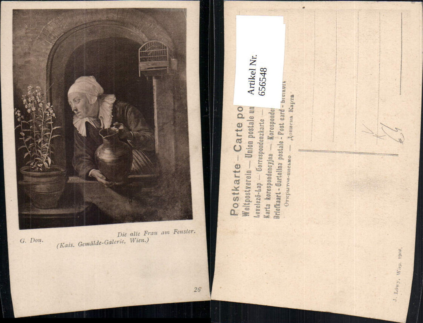 656548,Künstler Ak G. Dou Die alte Frau am Fenster Krug Blumen pub J. Löwy 26