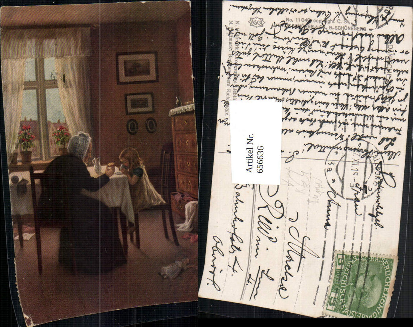 656636,Künstler Ak N. Holtmark Großmutters Liebling Alte Frau Mädchen Puppe pub Asco 11040