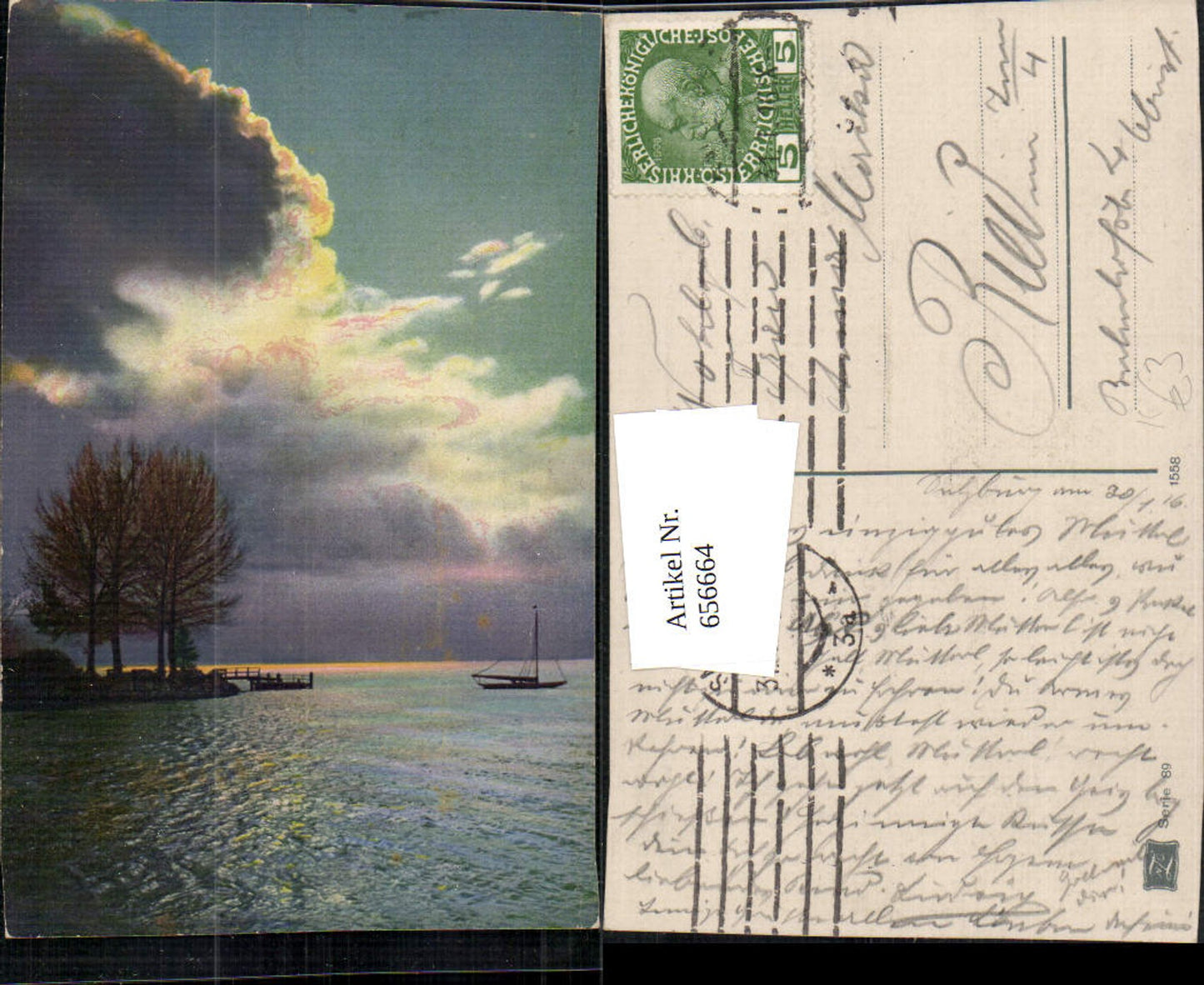 656664,Künstler Ak Stimmungsbild Segelboot Ufer Landschaft