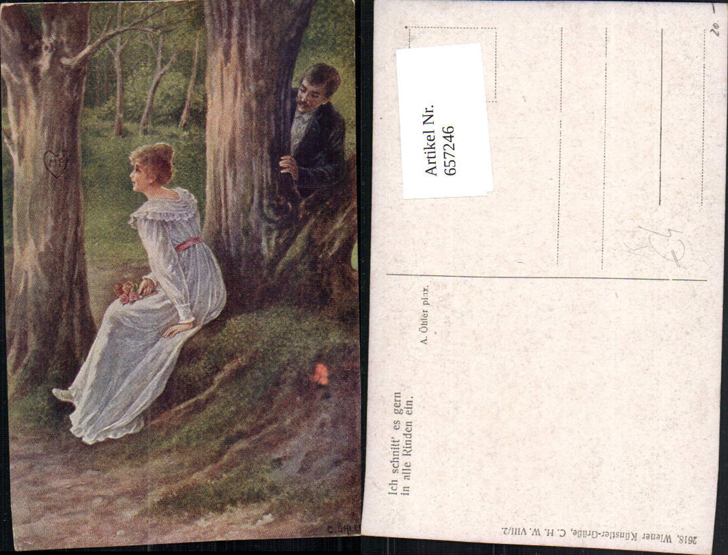 657246,Künstler Ak A. Öhler Ich schnitt es gern in alle Rinden ein Liebe Paar Baum