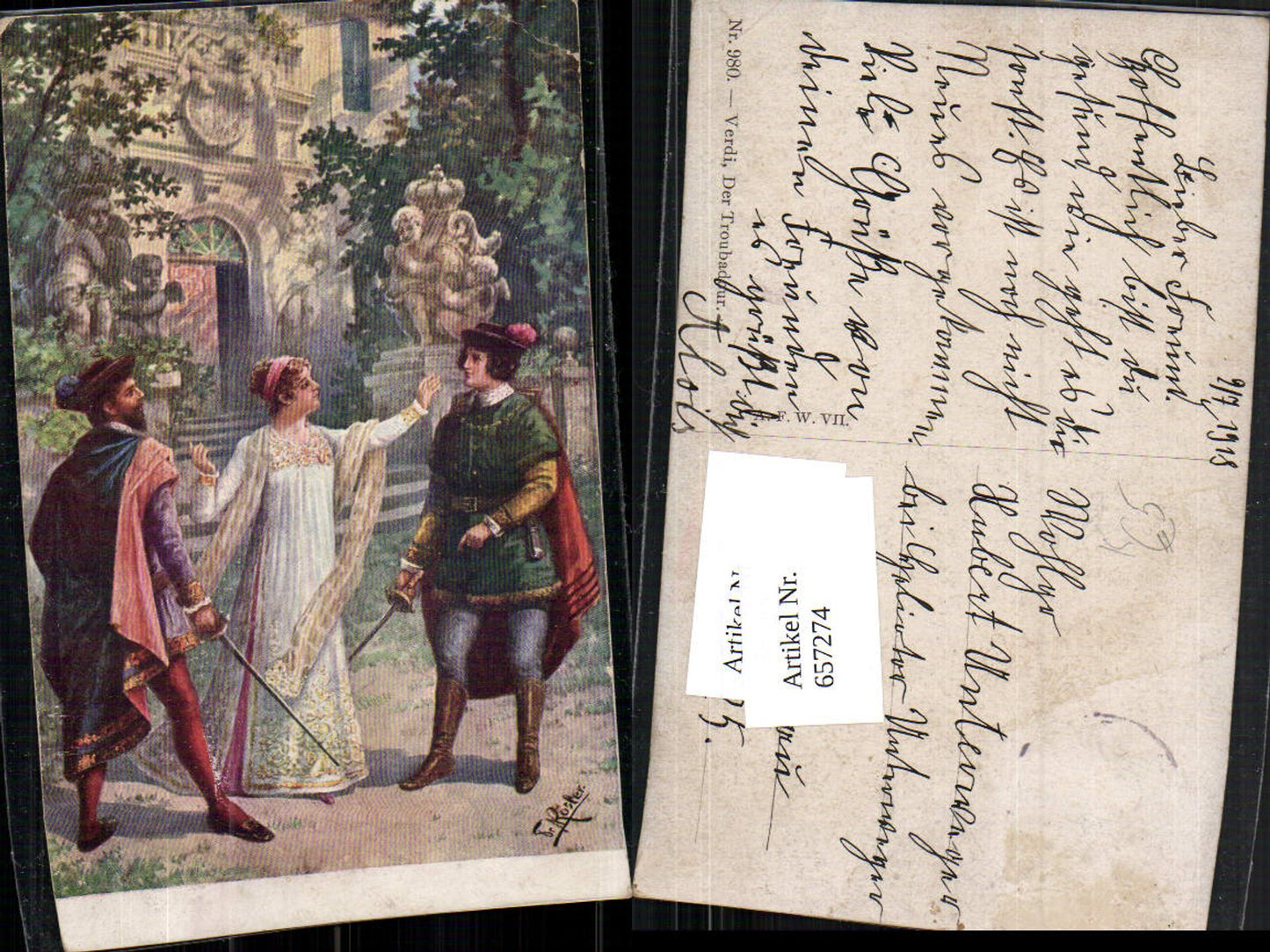 657274,Künstler AK Fr. Rösler Verdi Troubadour Degen Frau Biedermeier