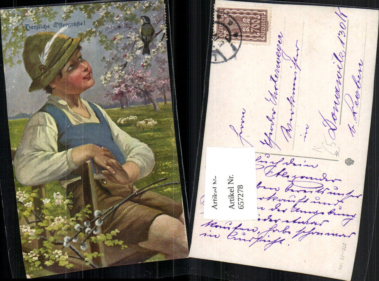 657278,Künstler AK Ostern Vogel Junge Hut Feder Palmkätzchen Hirte Schafe