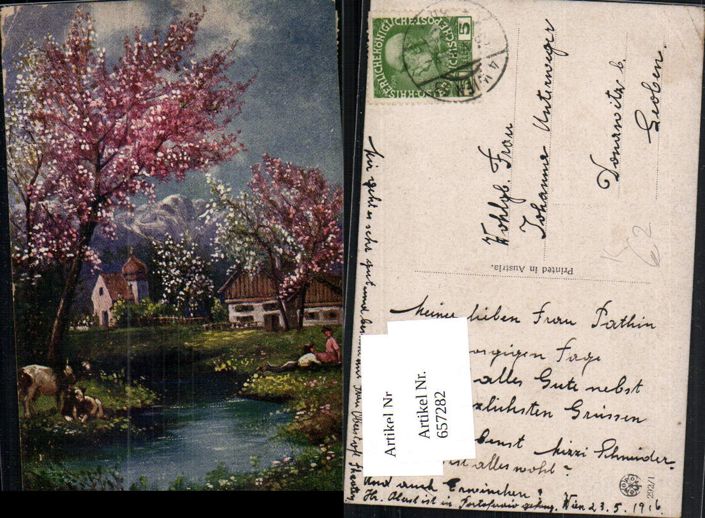 657282,Künstler AK Kirche Landschaft Bach n. Donawitz Leoben