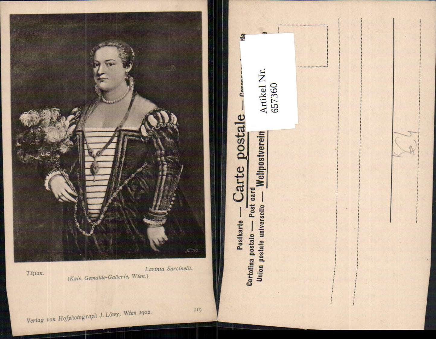 657360, Artist AK Tizian Lavinia Sarcinelli Woman Portrait pub J. Löwy 119