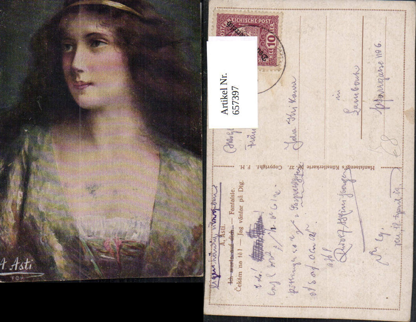 657397,Künstler AK A. Asti Ich warte auf dich Fantaisie Frau Portrait