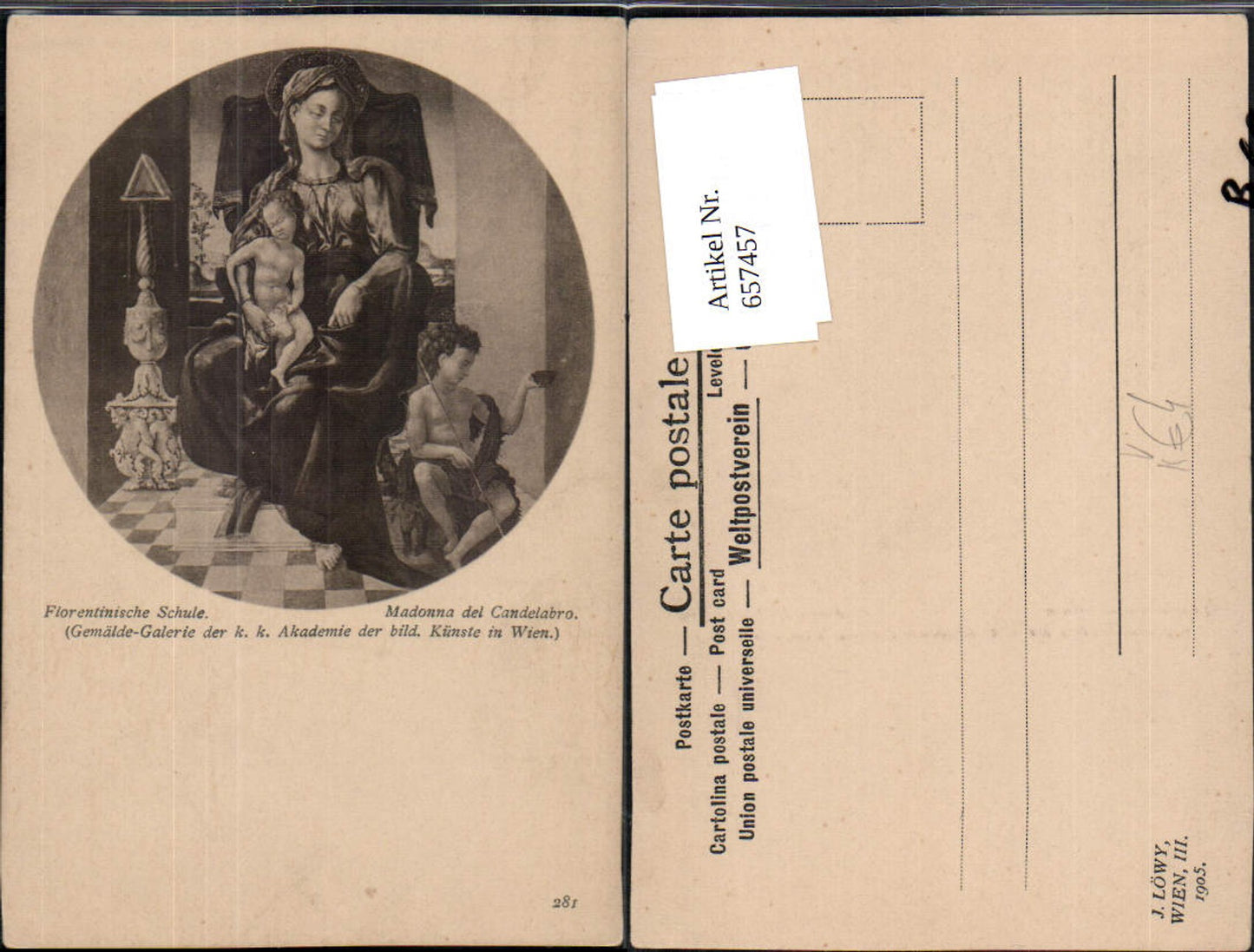 657457,Künstler AK Madonna del Candelabro pub J. Löwy 281