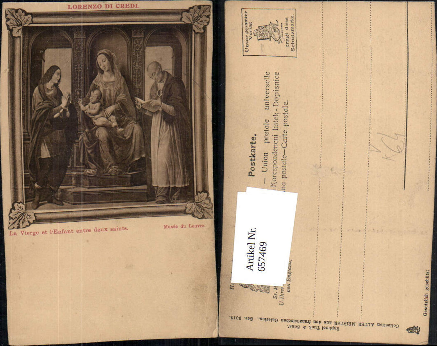 657469,Künstler AK Lorenzo di Credi La Vierge et l Enfant pub Raphael Tuck Sons 3013