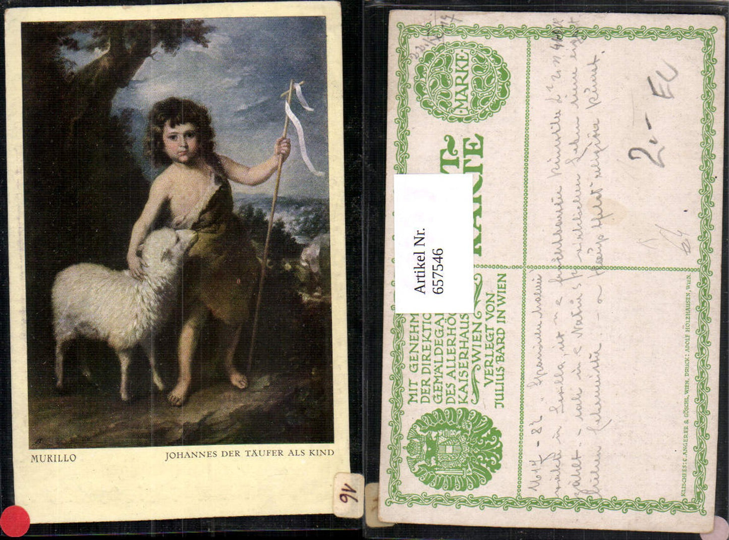 657546,Künstler AK Murillo Johannes der Täufer als Kind Lamm