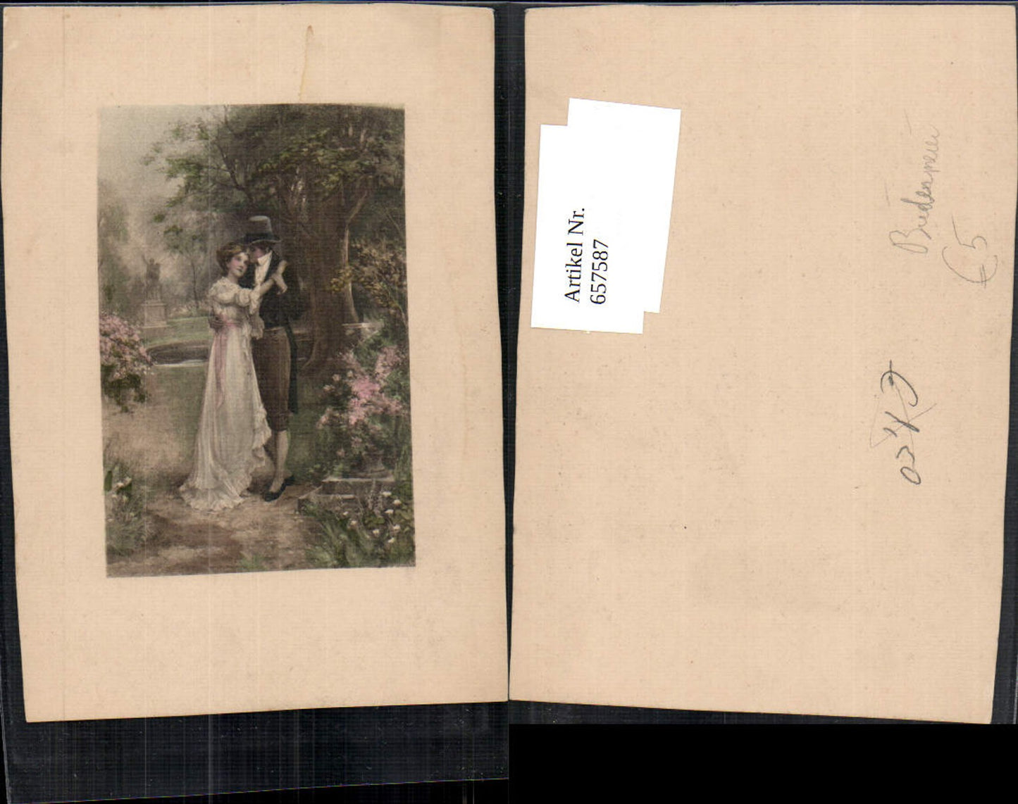 657587,Künstler AK Paar Liebe im Garten Biedermeier