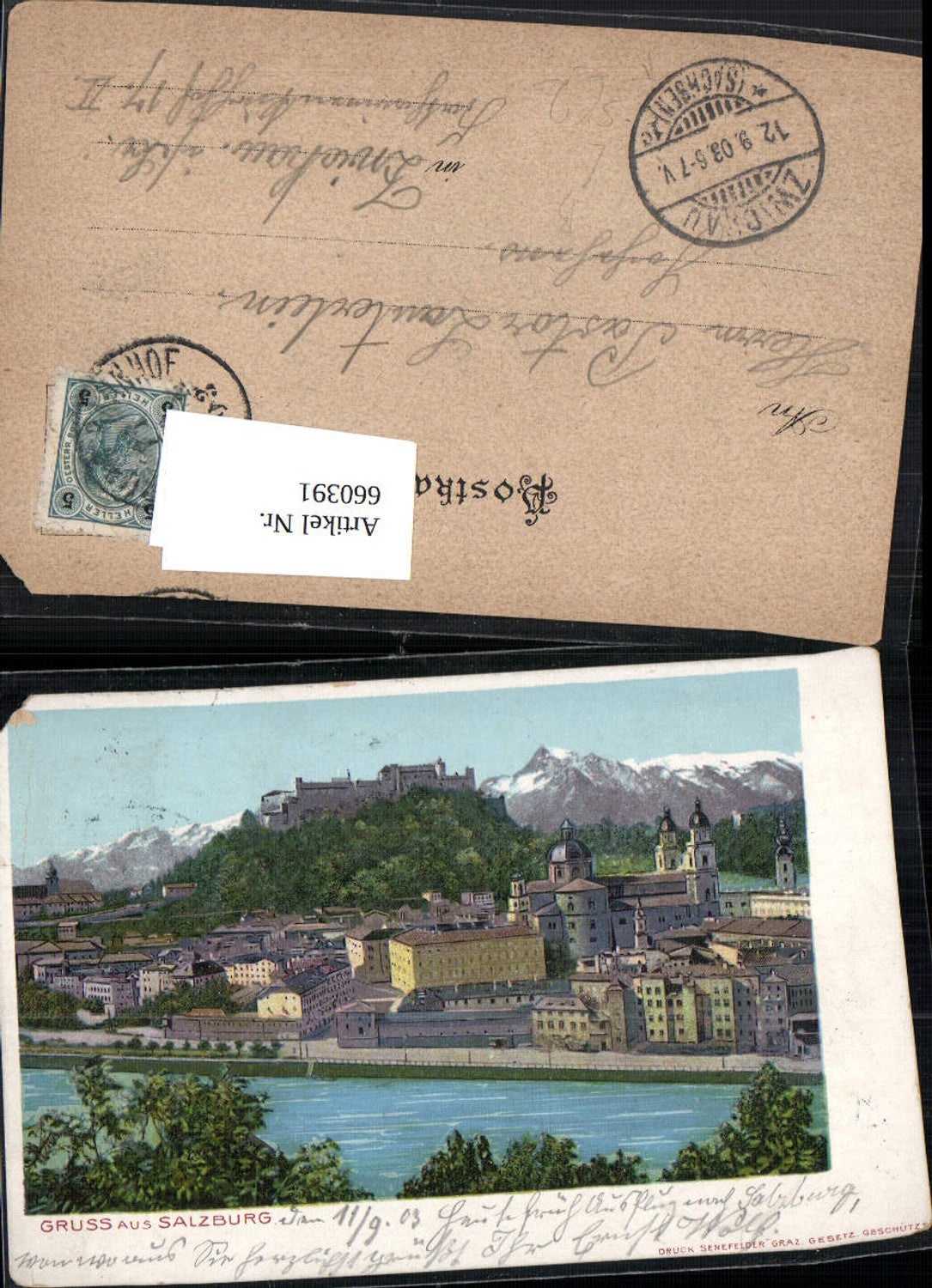 660391, Lithograph Salzburg with fortress, stamp Zwickau, Saxony, 1903
