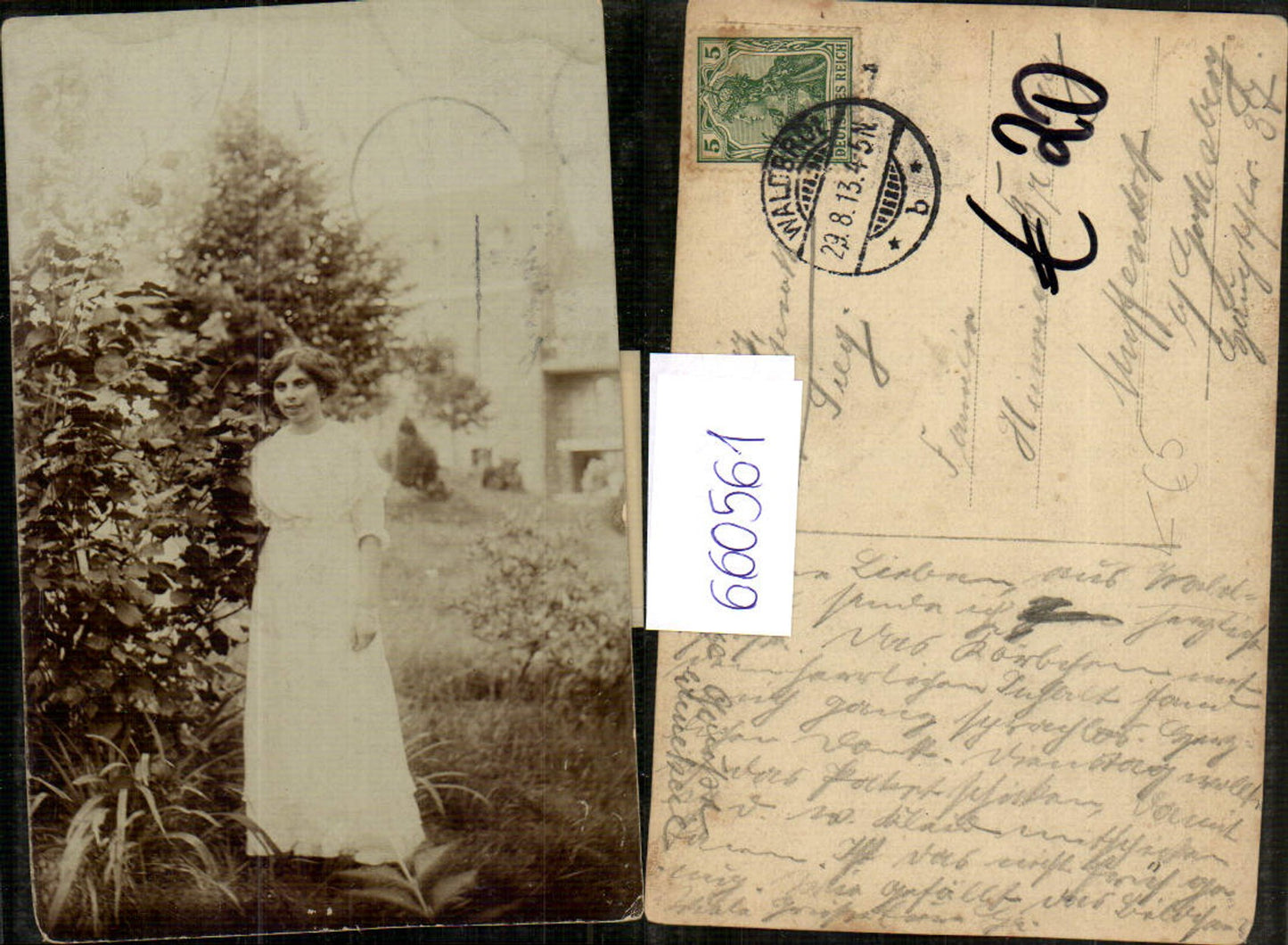 660561, Photo postcard Waldbröl 1913 Woman in the garden