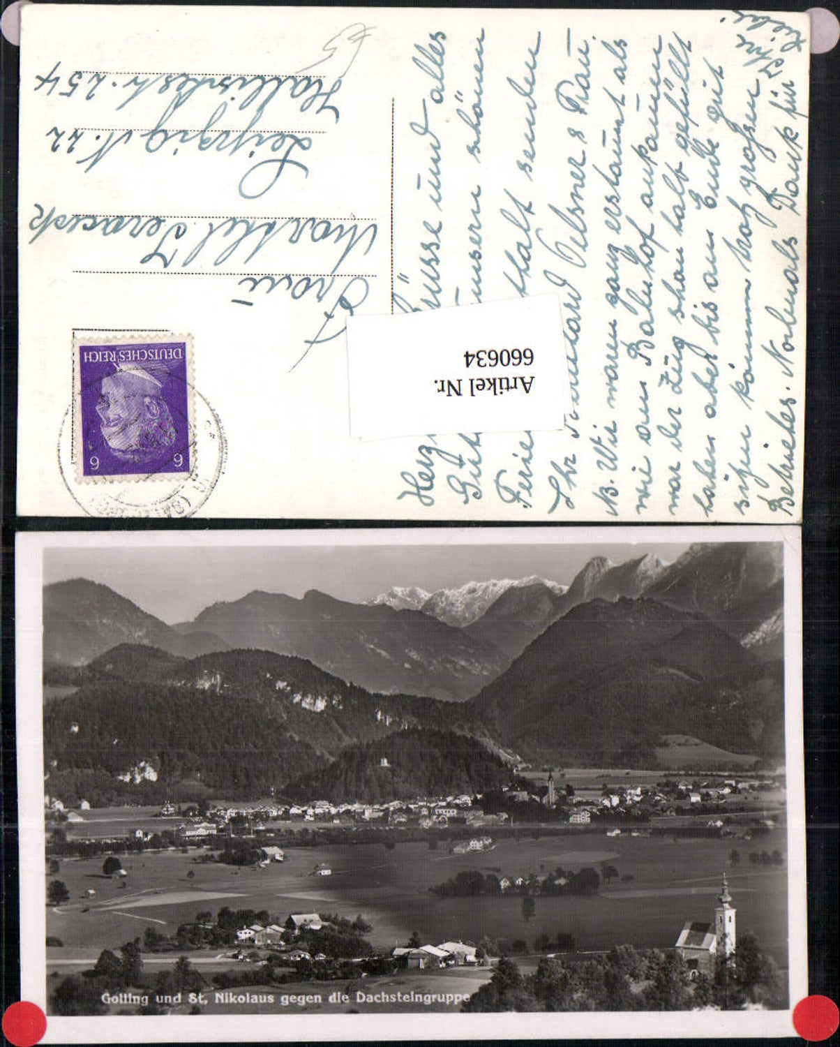 660634,Foto Ak Golling an der Salzach u. St Nikolaus geg. d. Dachsteingruppe