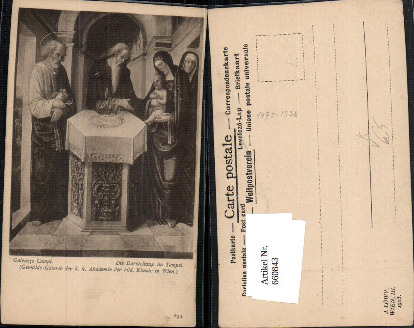 660843, Artist Ak Galeazzo Campi The depiction in the temple pub J. Löwy 294