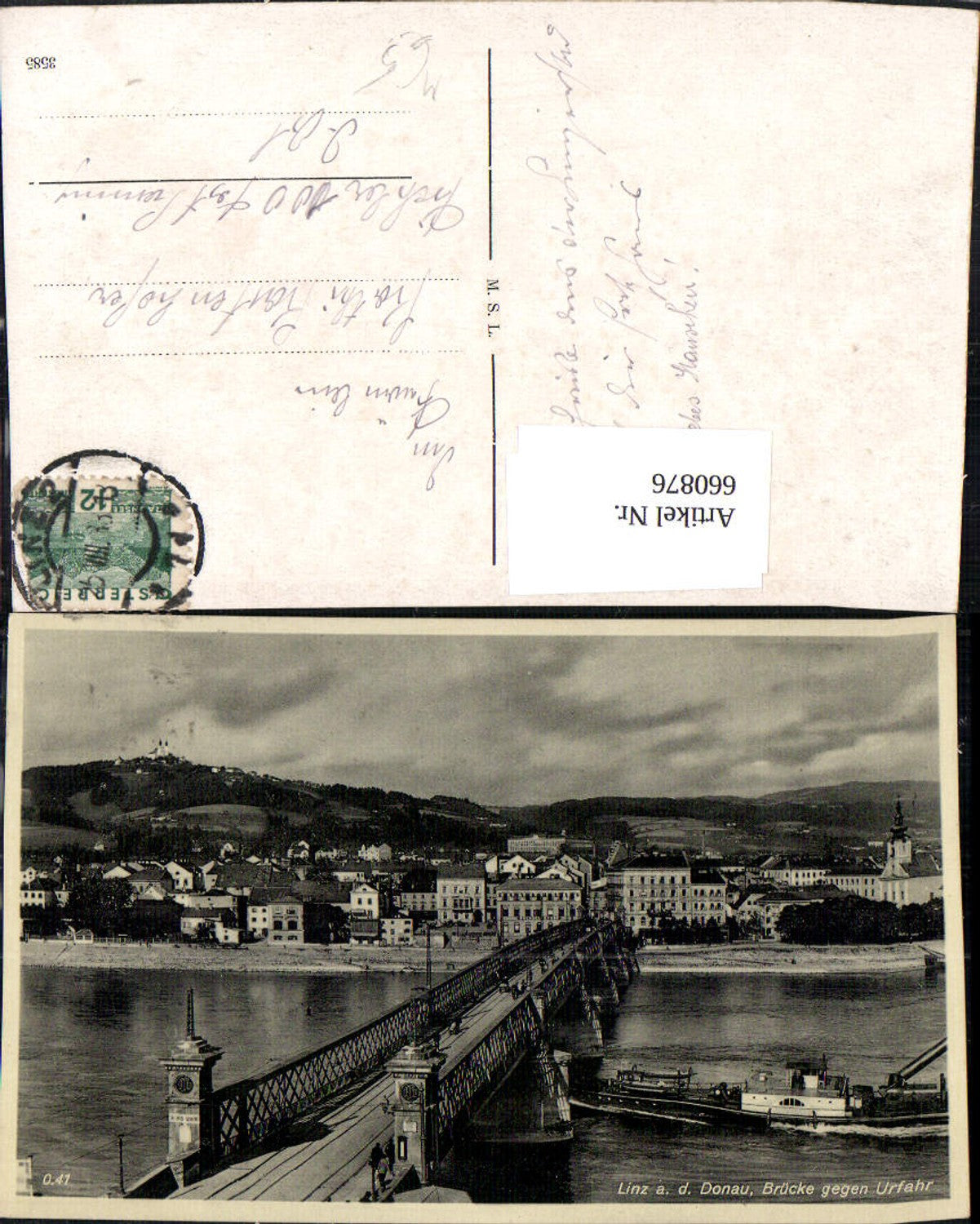 660876,Linz a. d. Donau Brücke geg. Urfahr Schiff Dampfer