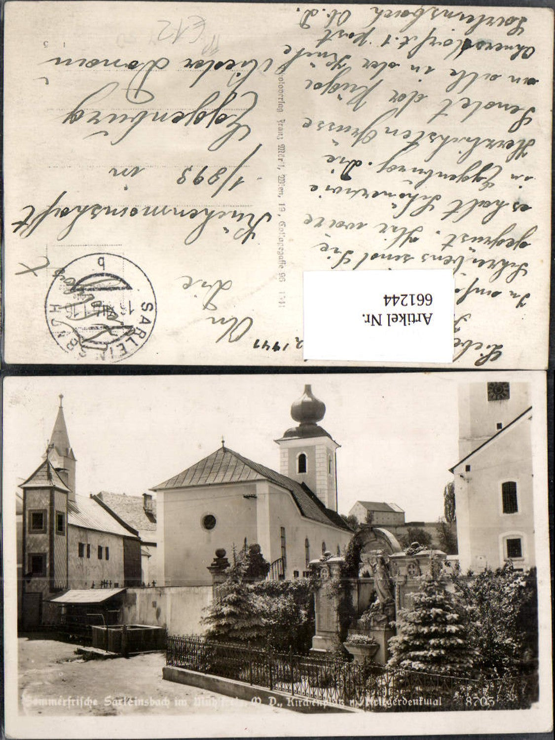661244, Photo postcard Sarleinsbach im Mühlkreis church square and war memorial field post