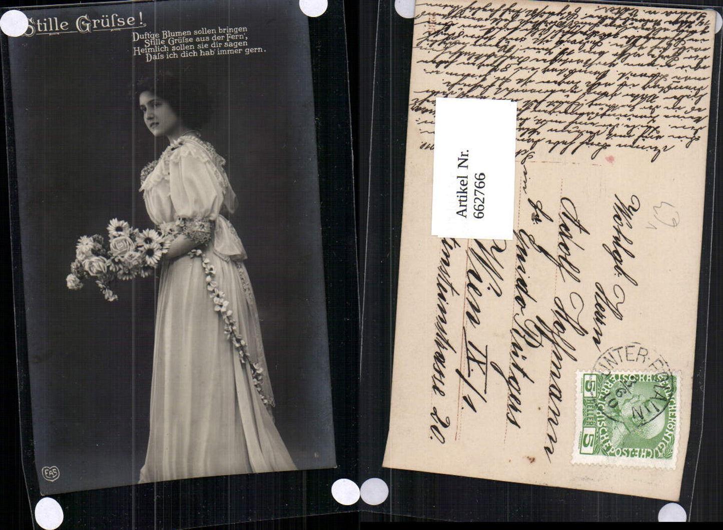 662766,Foto-AK Frau tolles Portrait Kleid Mode Stille Grüße Gänseblümchen pub EAS