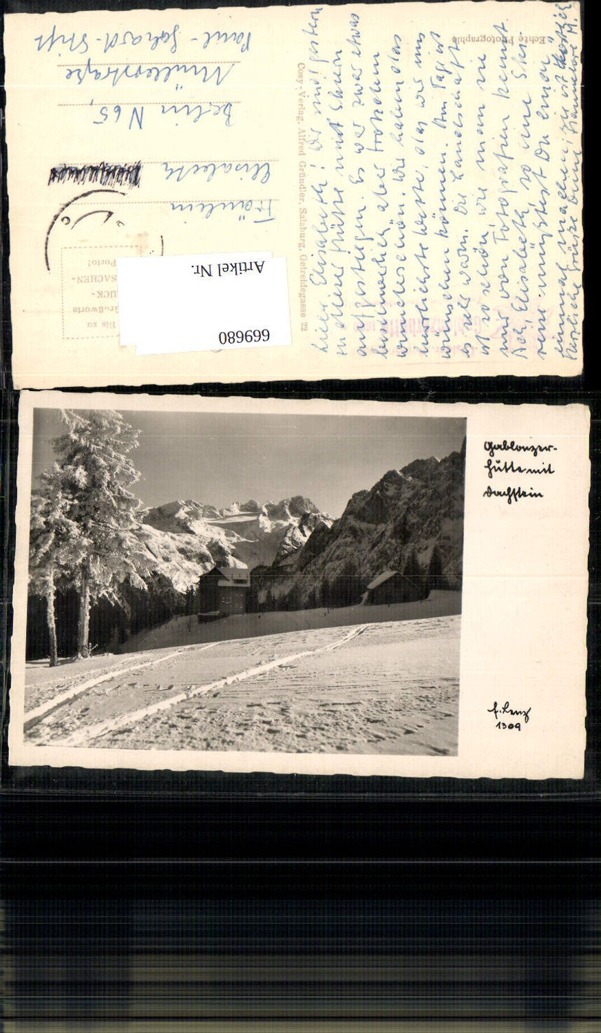 669680,Foto Ak Gosau Gablonzerhütte mit Dachstein im Winter