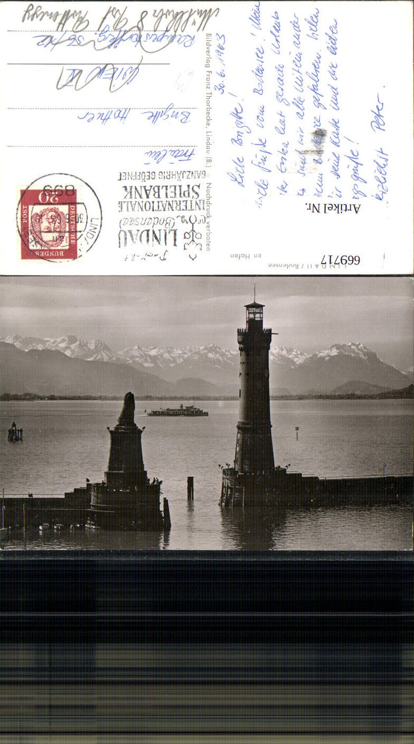 669717,Foto Ak Lindau a. Bodensee Blick auf Hafen Leuchtturm Löwendenkmal Schiff Dampfer