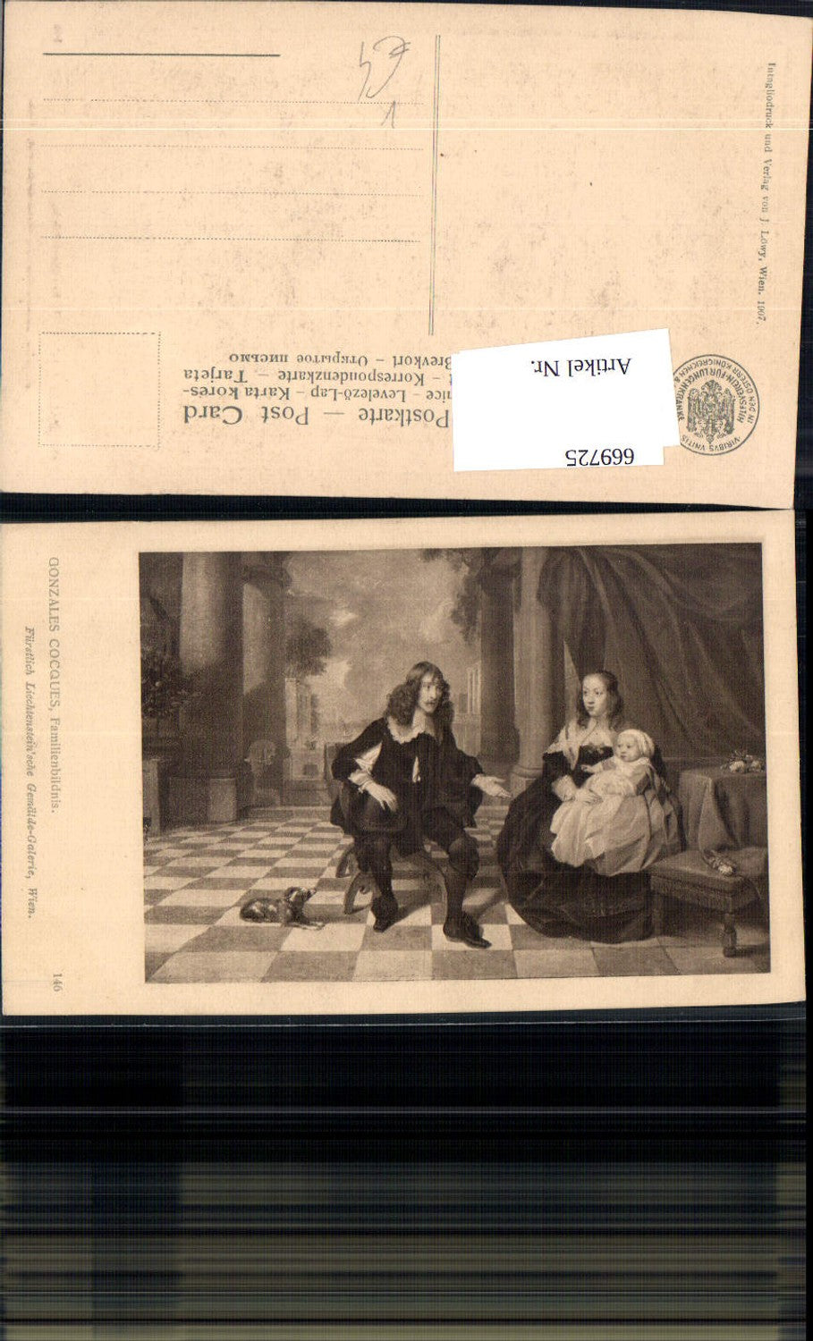 669725,Künstler Ak Gonzales Cocques Familienbildnis Paar mit Kind Hund pub J. Löwy 146