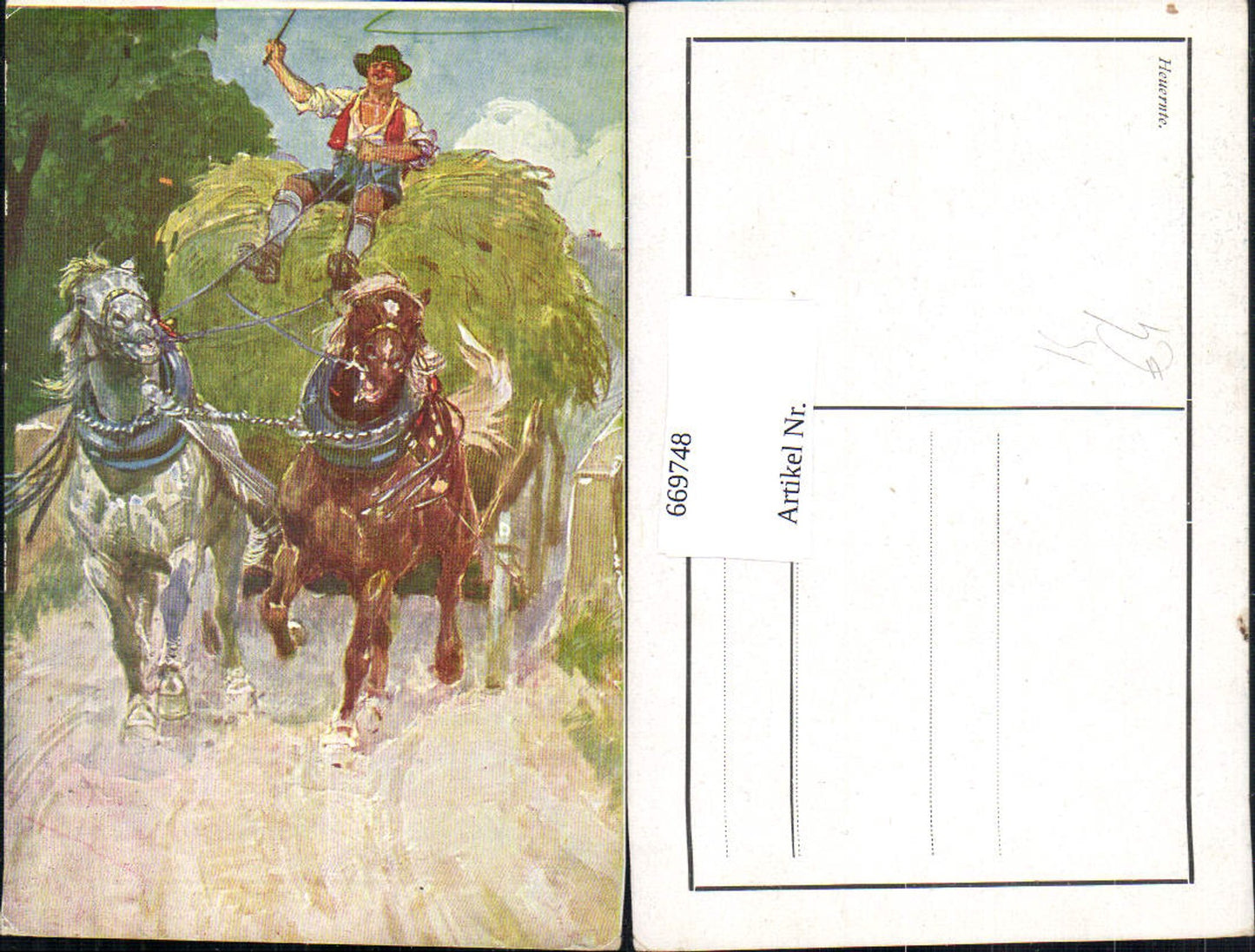 669748,Künstler Ak Heuernte Mann Pferdefuhrwerk Landwirtschaft Ernte