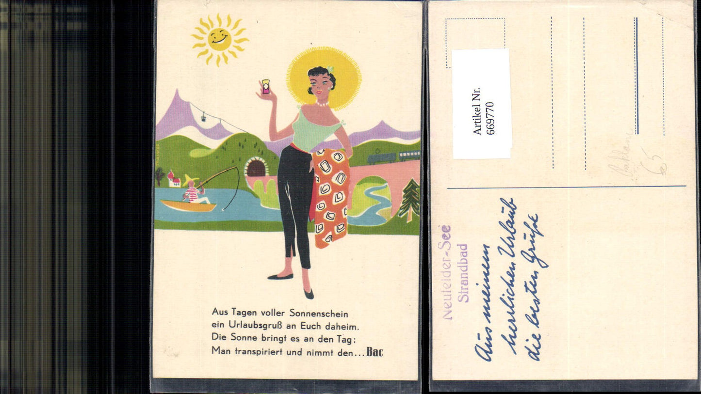 669770,Künstler Ak Frau Urlaub Text Spruch Reklame Neufelder See Strandbad