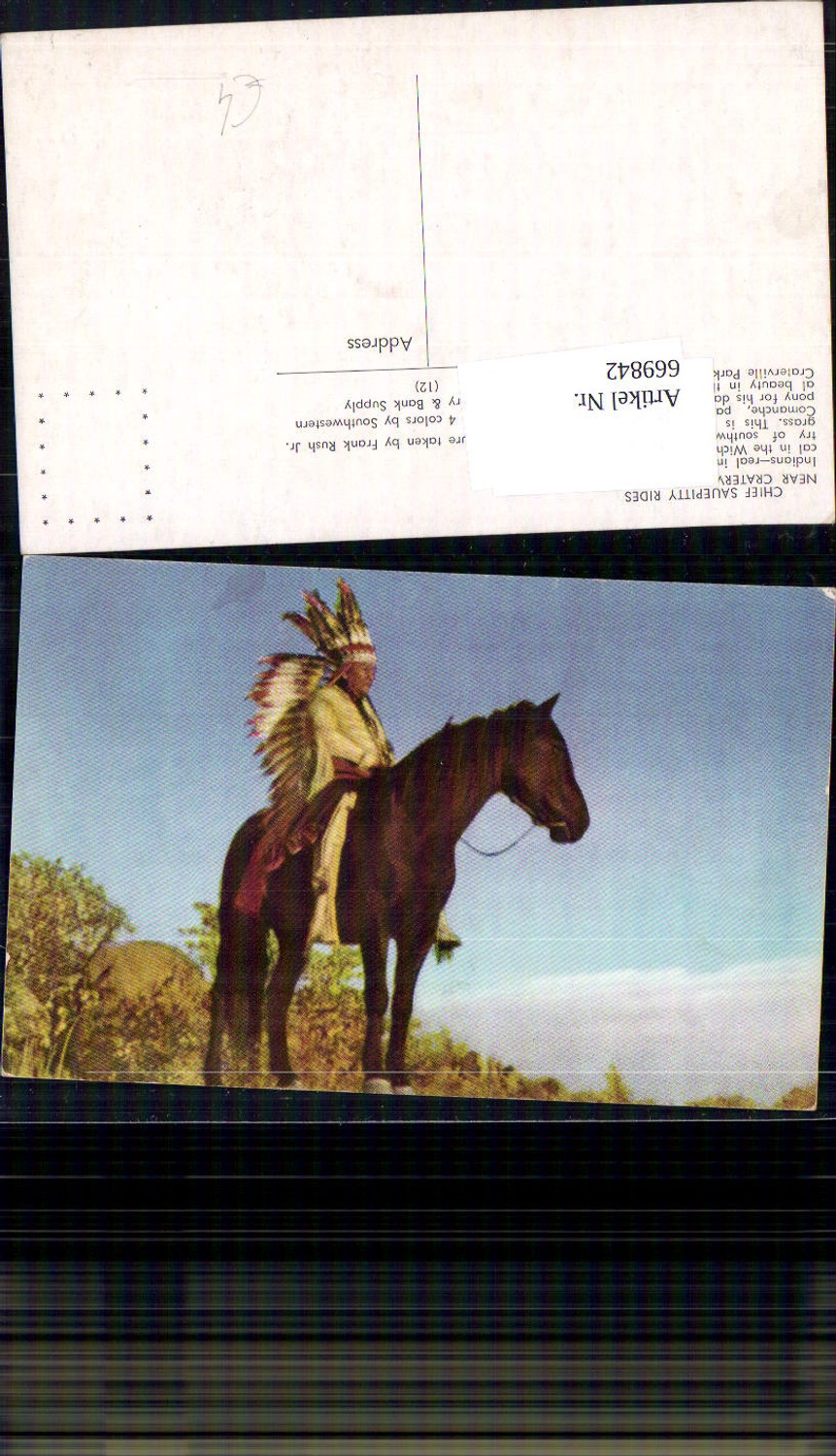 669842,Chief Sauepitty Rides near Craterville Park Oklahoma USA Indianer Pferd Federschmuck
