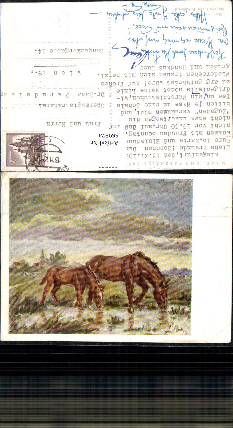 669874,Künstler Ak Fussgemalt P. Moleveld Pferd mit Fohlen Reiten Landschaft