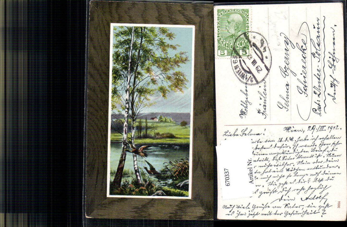 670337,Künstler Ak Enten Birken Landschaft Baum Tiere Passepartout