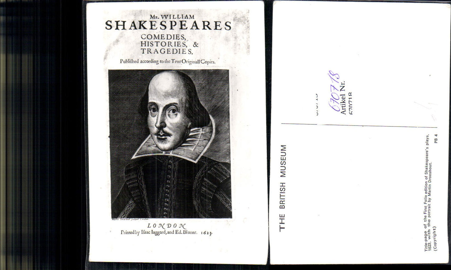 670718,Portrait Schriftsteller William Shakespeare printed by Isaac Iaggard Ed. Blount