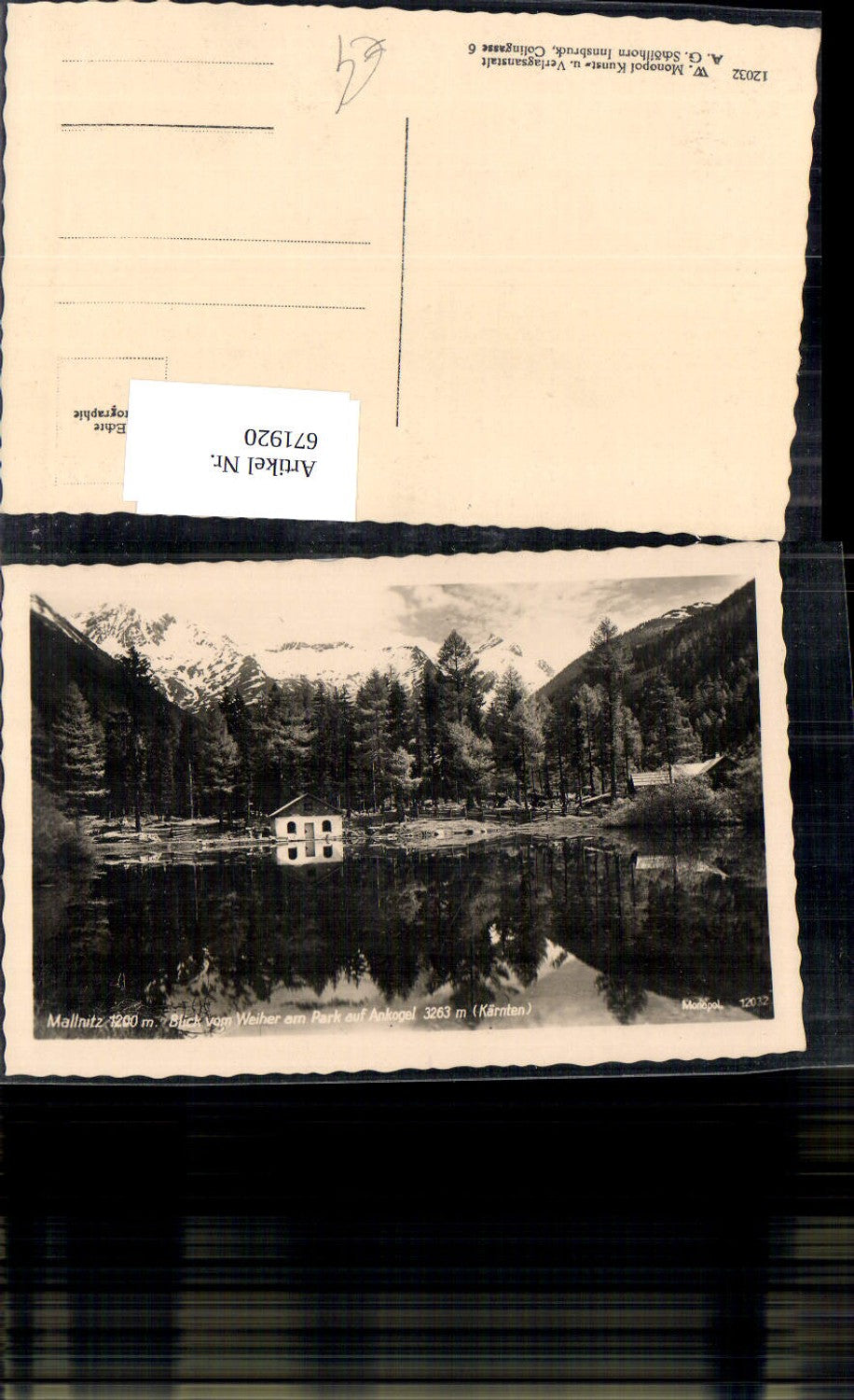671920, Photo AK Mallnitz View from pond at the park towards Ankogel