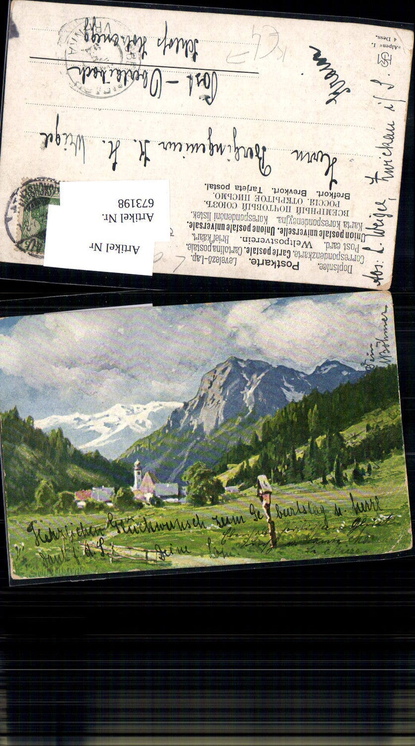 673198,Künstler AK Splitgerber Dorf Marterl Kreuz Kirche Berge Alpen Serie 1 Stp. Zwickau