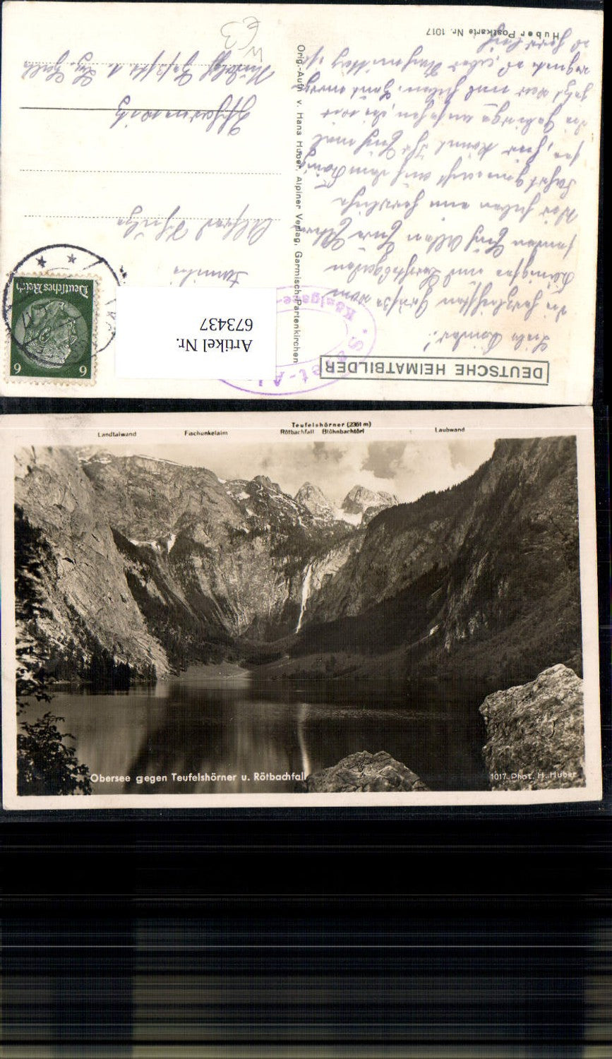 673437,Foto Ak Schönau am Königssee Königssee Obersee geg. Teufelshörner Rötbachfall