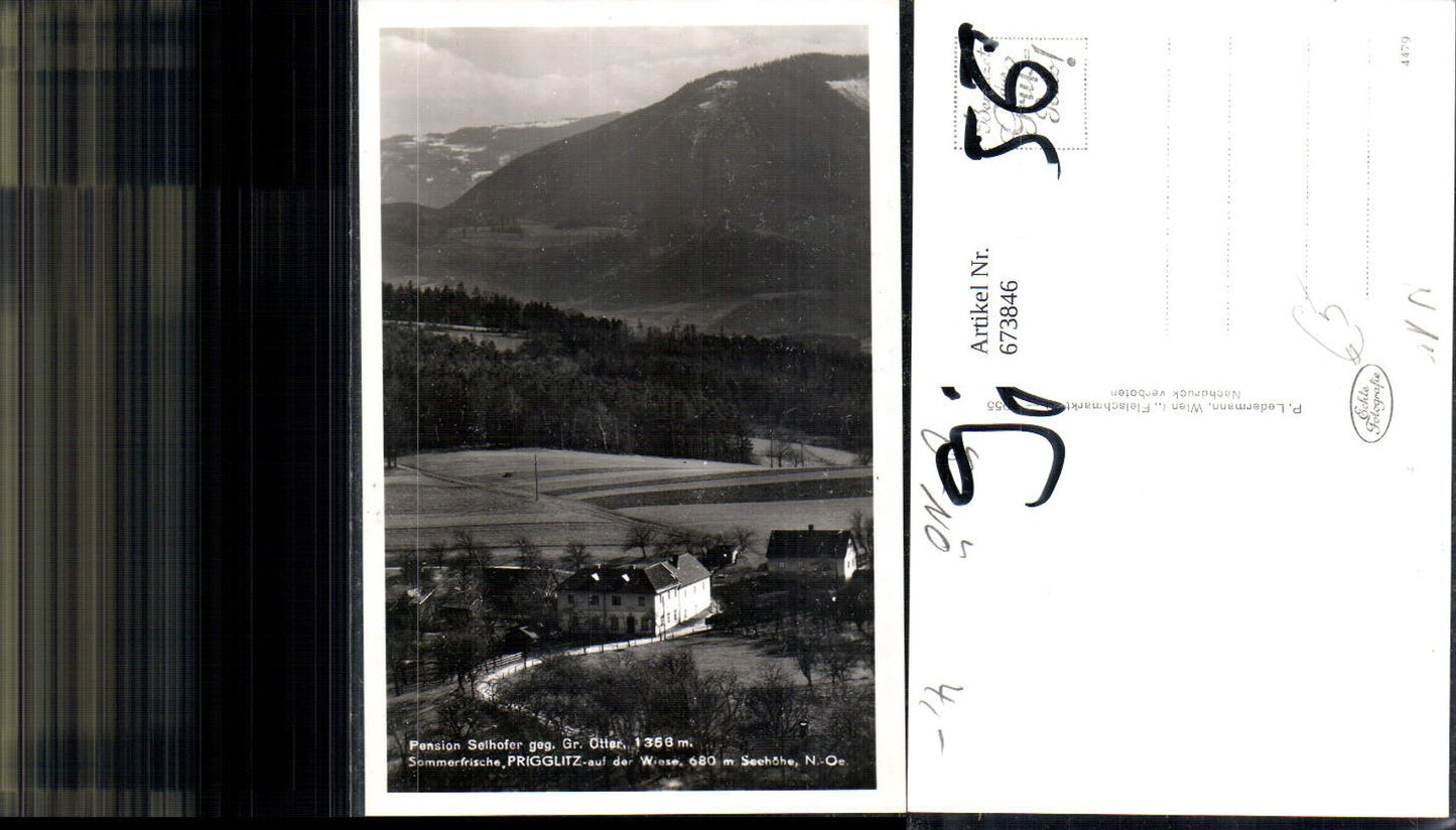 673846,Foto Ak Prigglitz a. d. Wiese Pension Selhofer geg. Gr. Otter