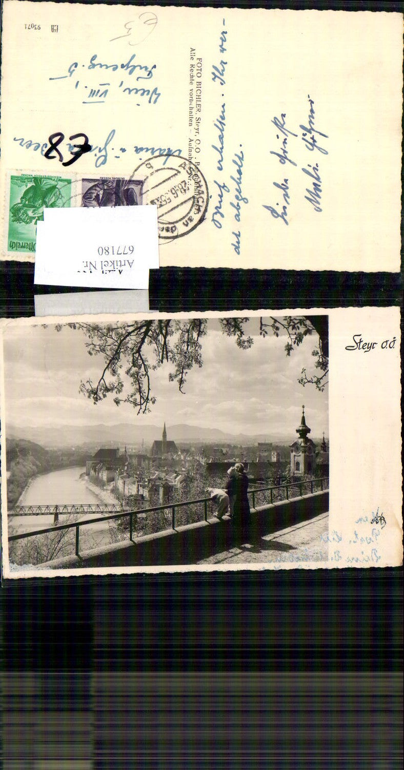 677180,seltene Foto-AK Steyr Blick auf die Stadt Kind am Geländer