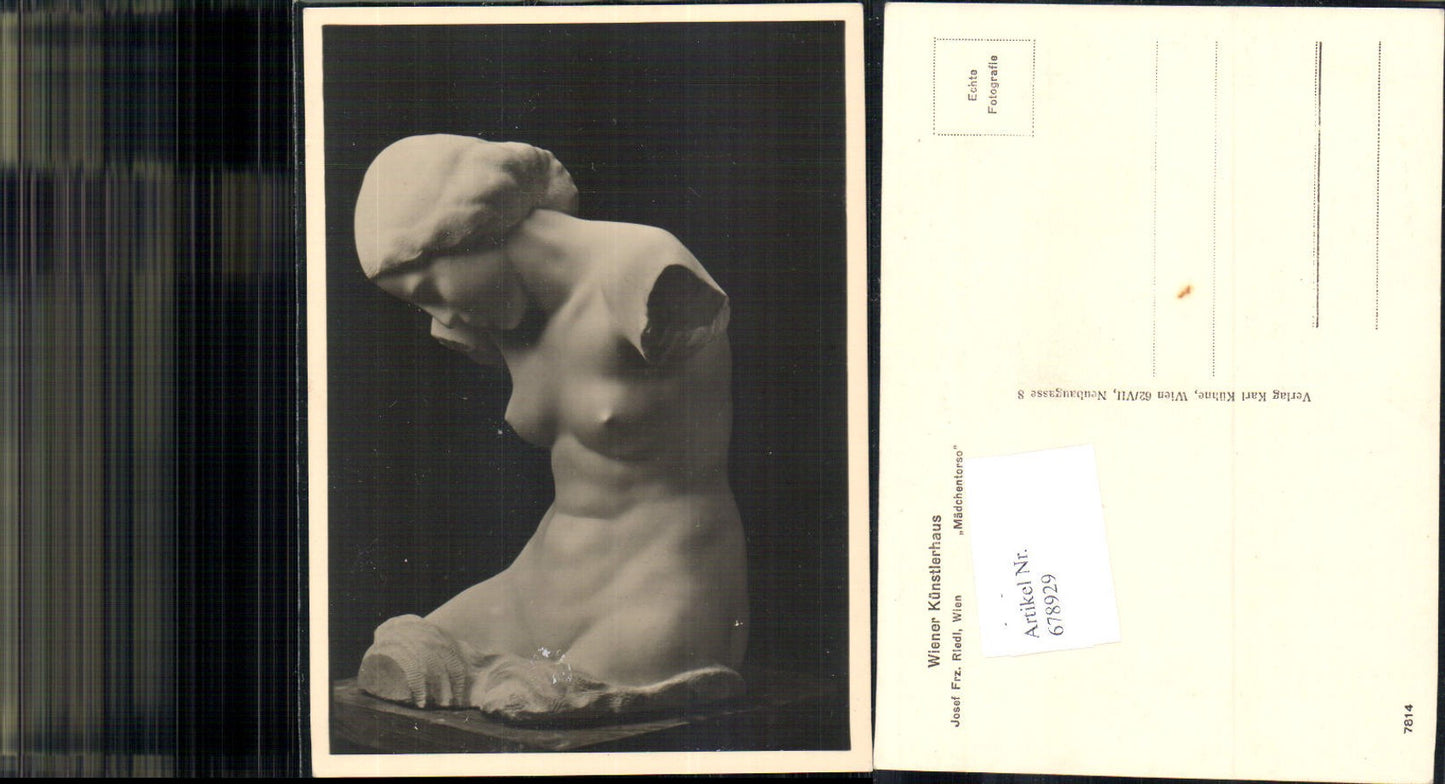 678929 Künstler AK Wiener Künstlerhaus 7814 Josef Franz Riedl Mädchentorso Akt Erotik