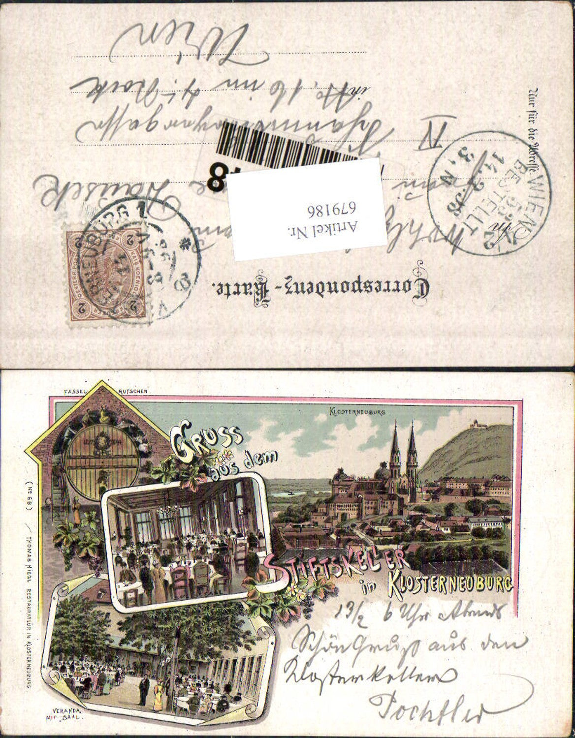 679186 tolle Lithographie Gruss aus Klosterneuburg Stiftskeller 1898