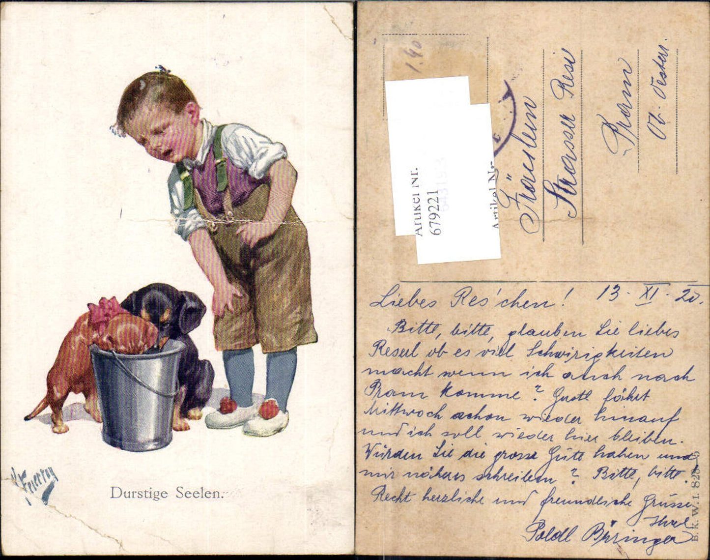 679221 Künstler AK Karl Feiertag Dackel Hund Bub Humor pub B.K.W.I. 828-5