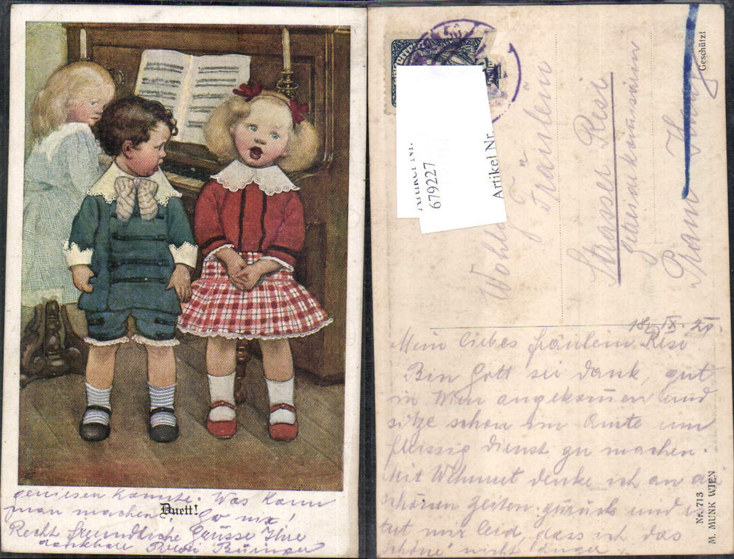 679227 Künstler AK Duett Kinder singen Duett Klavier pub Munk Vienne 713