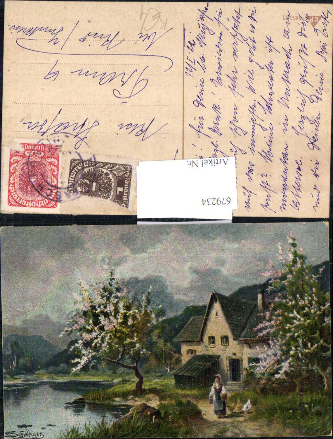679234 Künstler AK L. Schweiger Haus Bach Hühner Frau