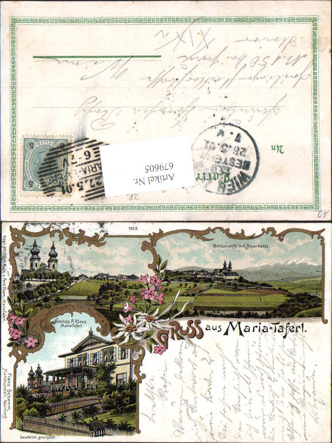679605 Great lithograph Greetings from Maria Taferl Marbach an der Donau A. Klaus Hotel pub Schemm 1503
