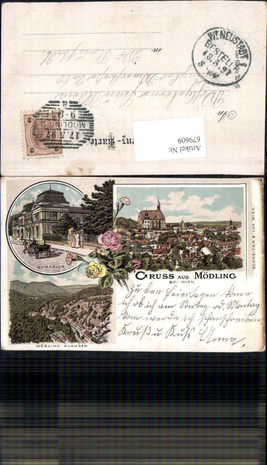 679609 tolle Lithographie Gruss aus Mödling bei Wien Cursalon Klausen pub Schneider & Lux