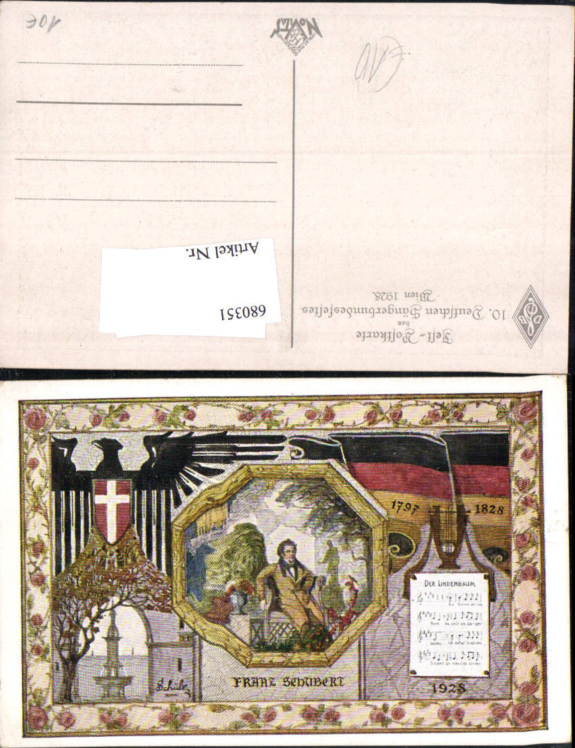 680351 Festpostkarte 10. Deutsches Sängerbundfest 1928 Wien Franz Schubert