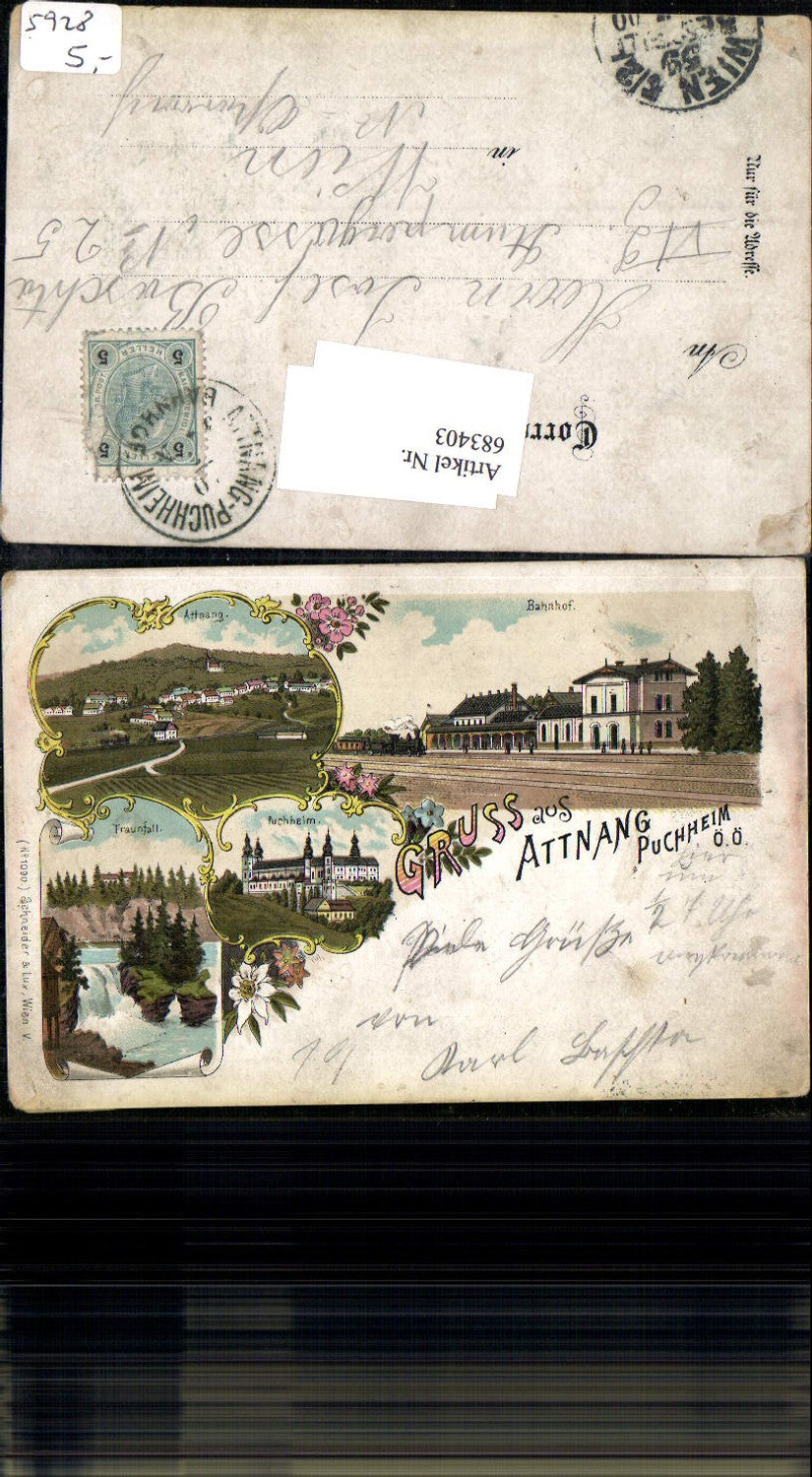 683403 tolle Lithographie Gruss aus Attnang Puchheim Bahnhof Traunfall Schloss pub Schneider & Lux 1090