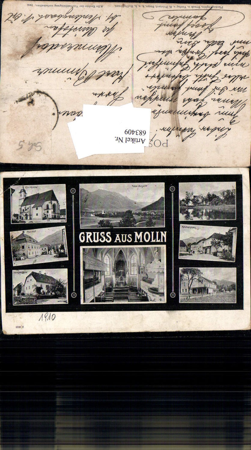 683409 Gruss aus Molln Pfarrhof Volksschule 1910 pub E. Prietzel Steyr n. Mannersdorf