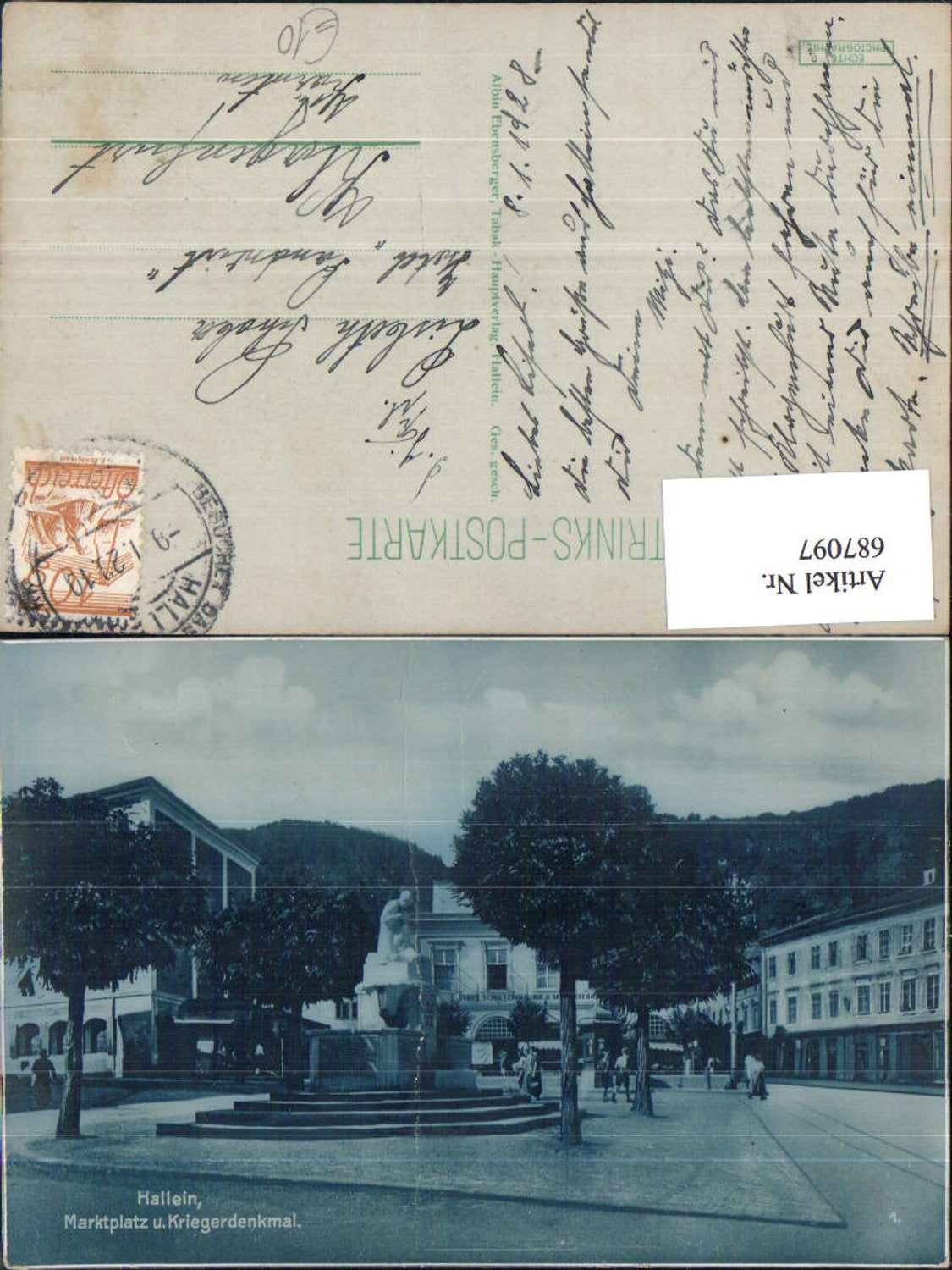 687097 Hallein Marktplatz Kriegerdenkmal pub Trinks Postkarte
