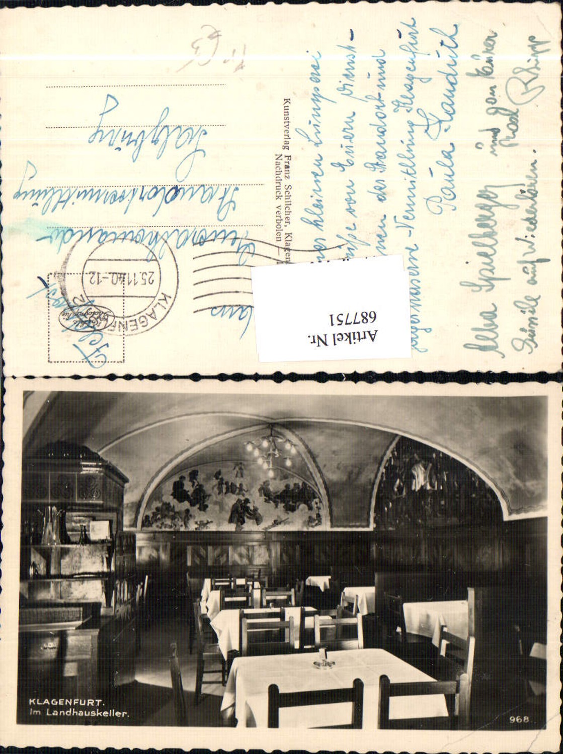 687751 Klagenfurt Landhaus Landhauskeller Gaststube Feldpost Generalkommando Salzburg