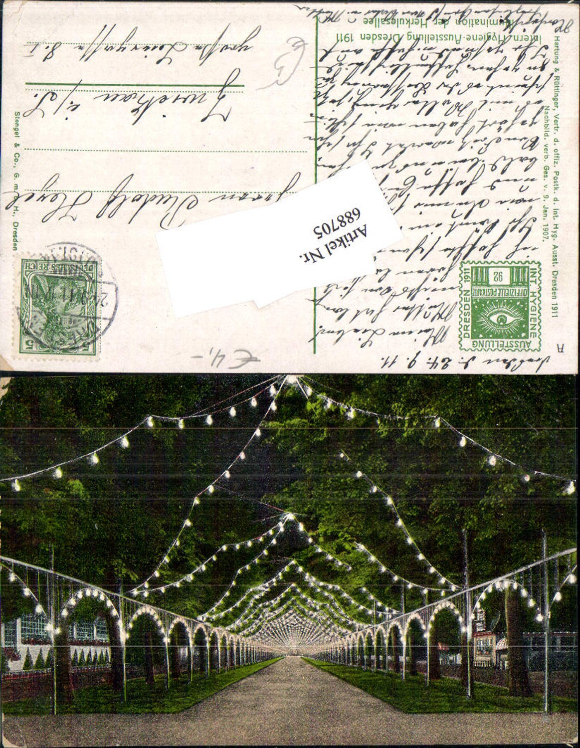 688705 Dresden Hygiene Ausstellung 1911 Illumination Herkulesallee