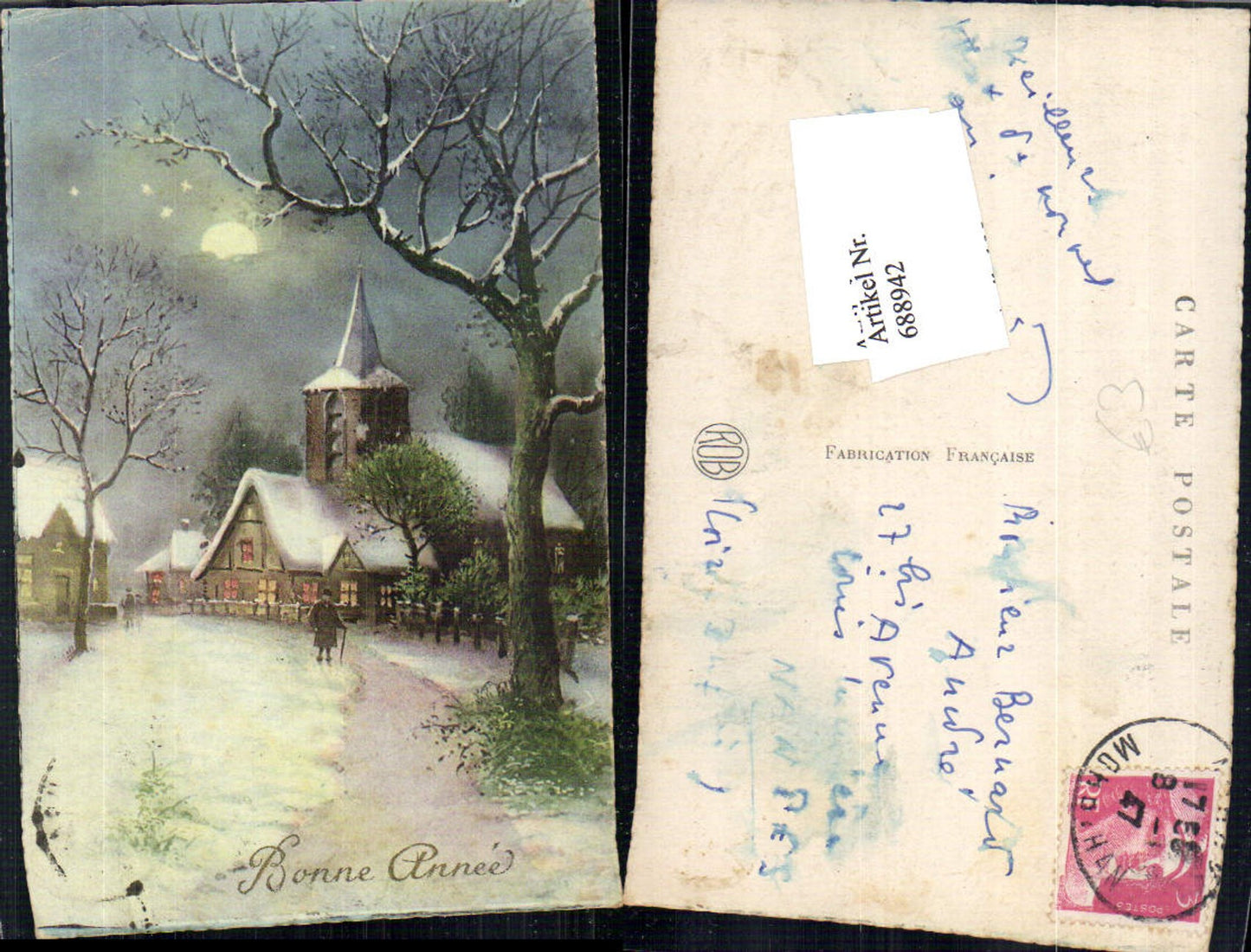 688942 Bonne Annee Neujahr Mond Kirche Dorfidylle Mann Baum